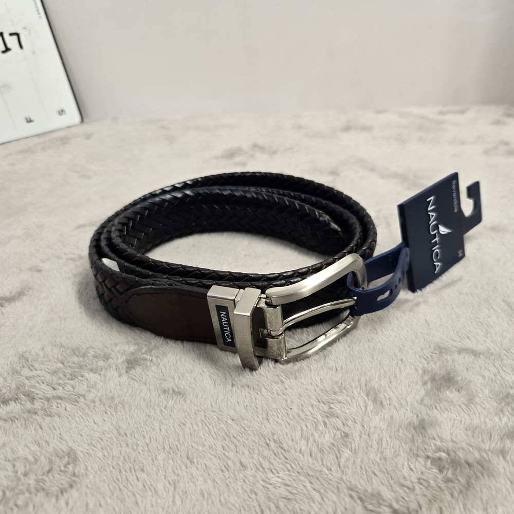 Nautica Mens Reversible Braided Belt Cognac Black Size 38 4343-65 NEW